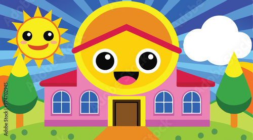Cartoon Artwork of school building.