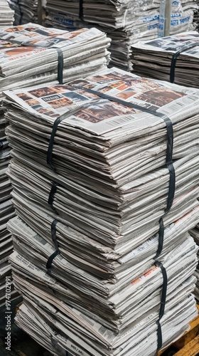 A Tower of News: Freshly Printed Newspapers Bound Together in a Stacking Symphony.