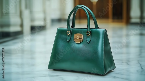 Women s bag Luxury green leather handbag on white background on marble floor A elegant bag is see from front side Fashionable trendy : Generative AI