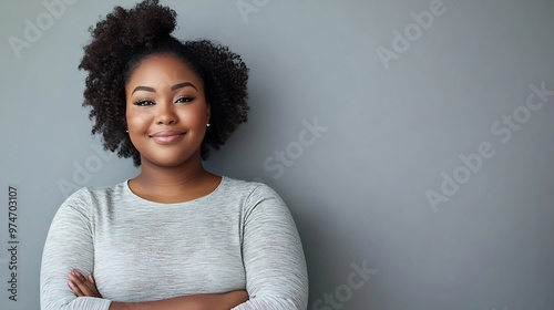 Confident plussize woman in casual attire standing with a smile against a simple backdrop : Generative AI photo