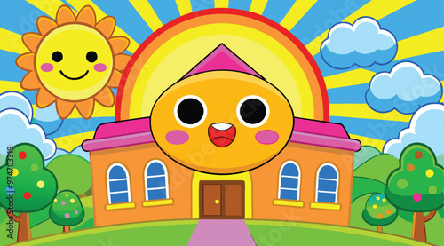 Cartoon Artwork of school building.