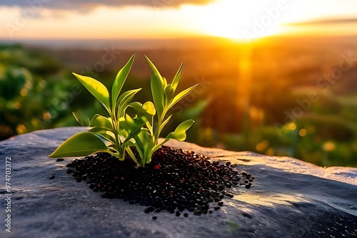 A close-up of a sprout with seeds emerging from the earth on a mountain at sunrise, symbolizing growth, new beginnings, and mindfulness in nature. - Meditation, Mind Relaxation

