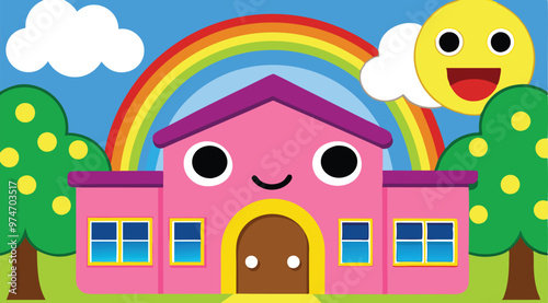 Cartoon Artwork of school building.