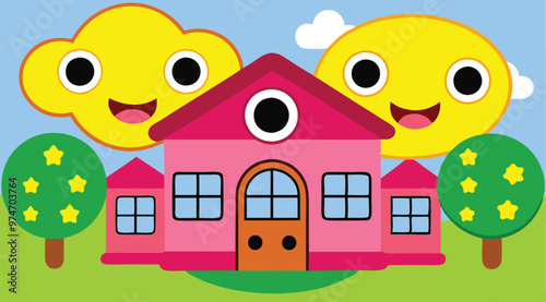 Cartoon Artwork of school building.
