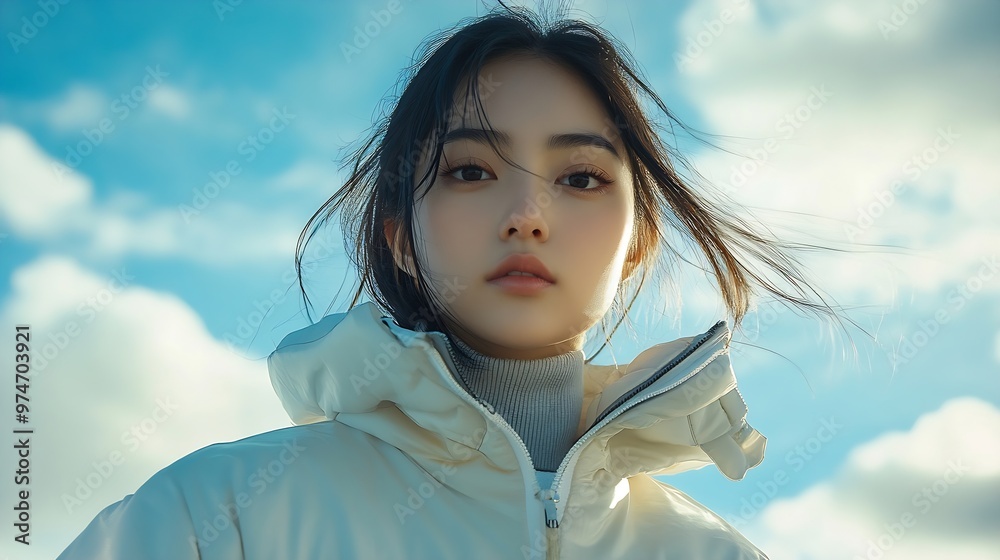 Portrait of a young Asian woman in a white jacket shot against a sky background : Generative AI Portrait of a young Asian woman in a white jacket shot against a sky background : Generative AI