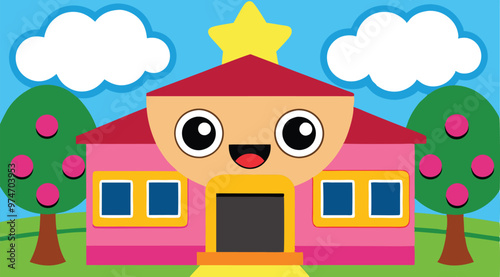 Cartoon Artwork of school building.
