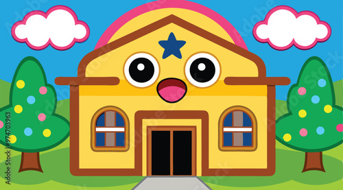 Cartoon Artwork of school building.