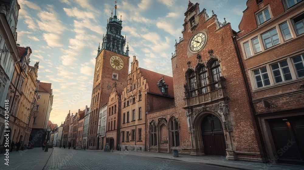 Fototapeta premium Historic street view featuring a clock tower and traditional buildings at sunset.