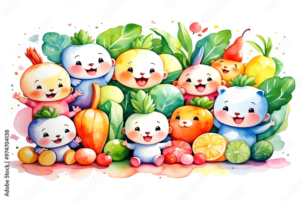 Fototapeta premium Cute set of vegetables cartoon, isolated on white background, Vector Illustration Of Food Concept Design. watercolor style