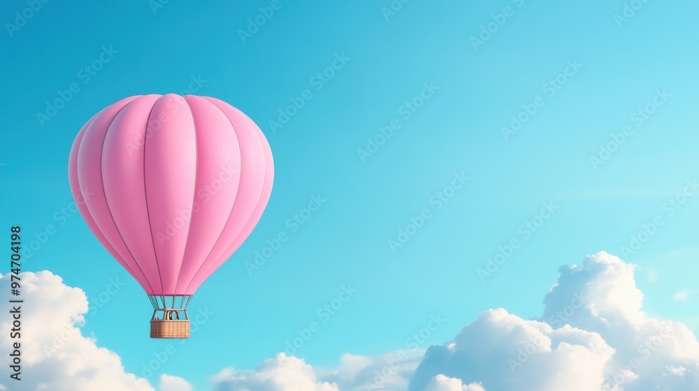 Fototapeta premium A pink hot air balloon flying in the sky with clouds, AI
