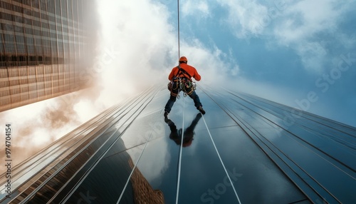 Construction engineer rappelling from a high rise building using safety rope for inspection