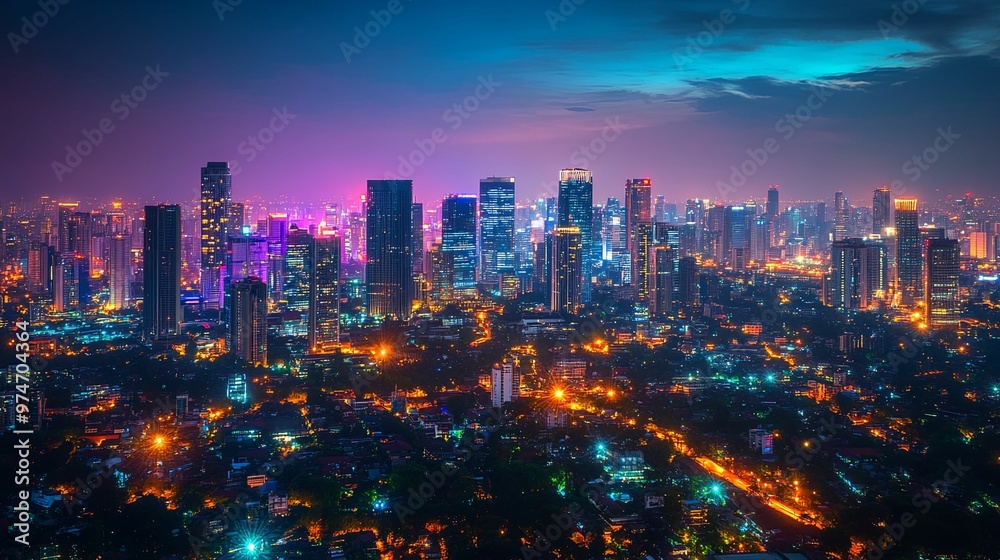 Illuminated Skyline of a City at Night with Tall Buildings and a Purple Sky Illuminated Skyline of a City at Night with Tall Buildings and a Purple Sky