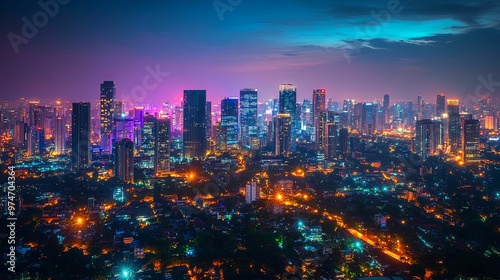 Wallpaper Mural Illuminated Skyline of a City at Night with Tall Buildings and a Purple Sky Torontodigital.ca