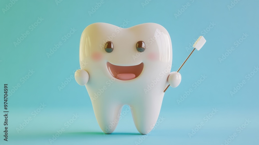 A 3D tooth character holding a tiny toothpick, ready to keep its smile clean and fresh A 3D tooth character holding a tiny toothpick, ready to keep its smile clean and fresh