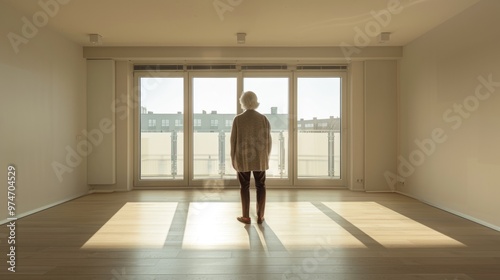 A man stands in a large, empty room with a window in the background