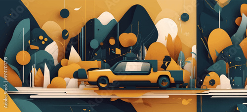 Vibrant Abstract Wave of Smart City in car with Multilayered Color Texture and Digital Elements - Global Technology and Social Network Concept for Web Banner Design
