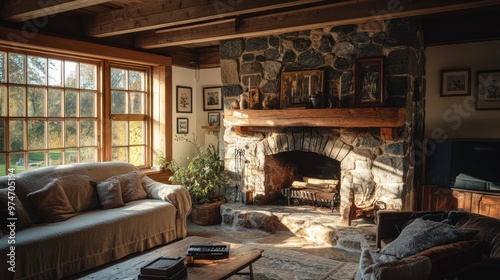 Cozy living room with a stone fireplace, inviting natural light, and comfortable furnishings.