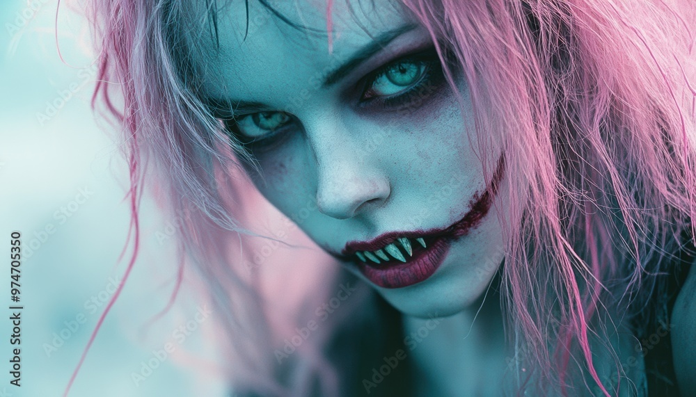 A person with striking makeup and eerie expression poses outdoors at dusk A person with striking makeup and eerie expression poses outdoors at dusk
