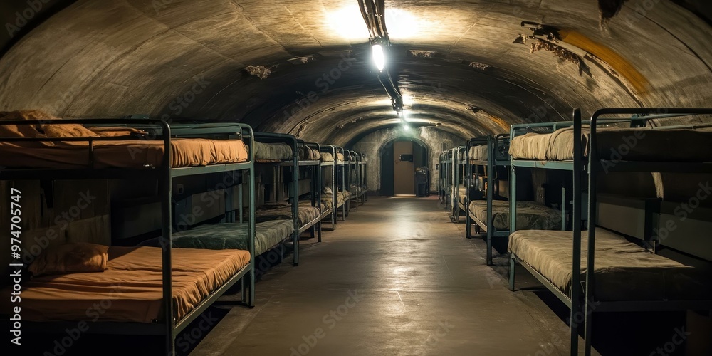 Bunk beds in a dimly lit tunnel. Bunk beds in a dimly lit tunnel.