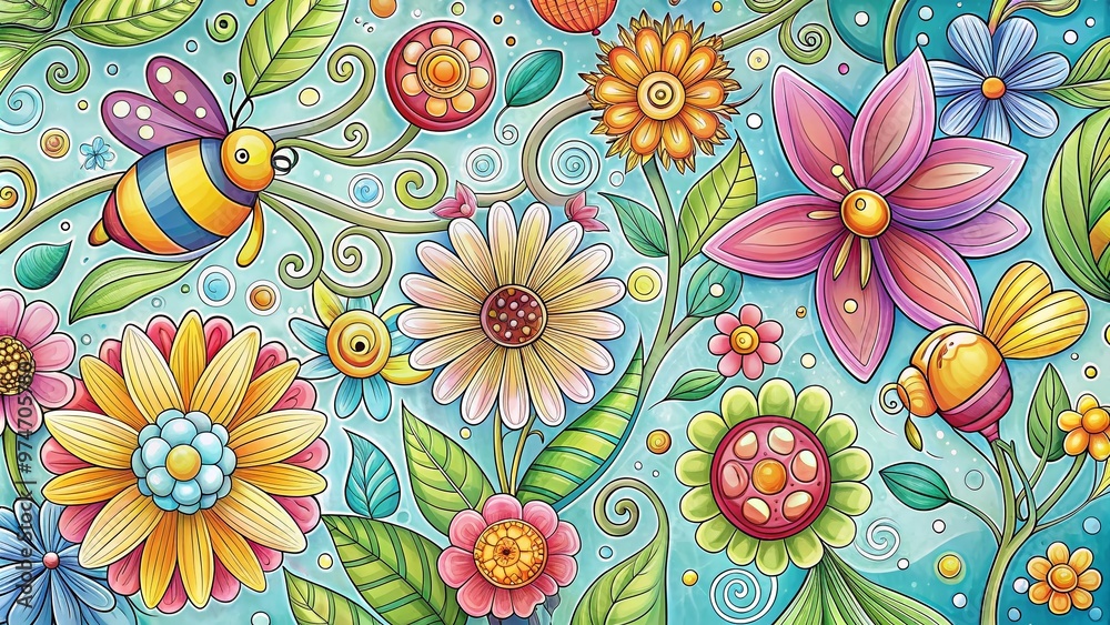 Vibrant illustration of spring-inspired coloring page featuring blooming flowers, buzzing bees, and playful butterflies amidst swirling patterns of pastel colors and whimsical designs. Vibrant illustration of spring-inspired coloring page featuring blooming flowers, buzzing bees, and playful butterflies amidst swirling patterns of pastel colors and whimsical designs.