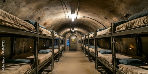 Bunk beds in a dimly lit underground bunker.