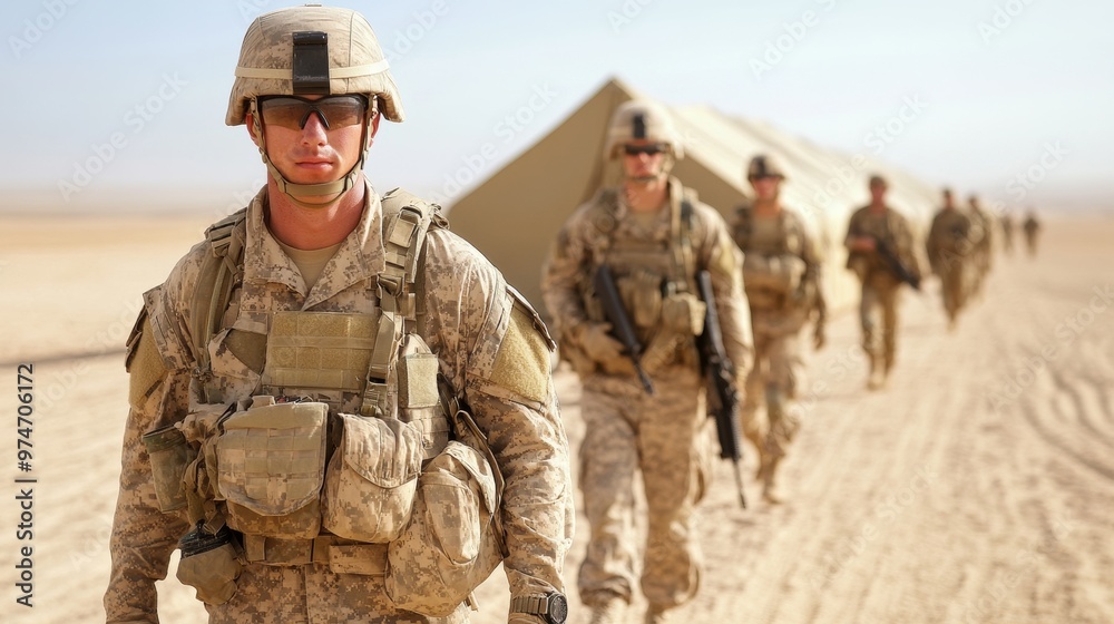 Soldiers Establishing Tactical Desert Camp with Teamwork and Preparedness Soldiers Establishing Tactical Desert Camp with Teamwork and Preparedness