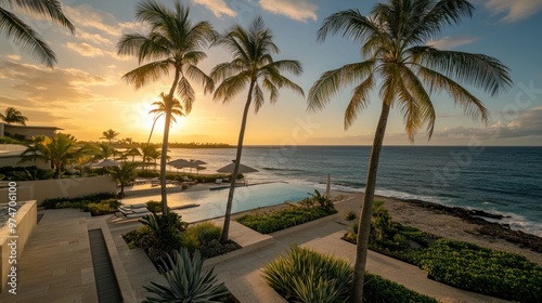 A serene sunset view over a beachside pool surrounded by palm trees and lush greenery.