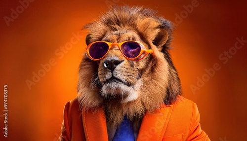 Stylish Lion in Orange Blazer and Aviator Sunglasses Against Bold Orange Background, Exuding Confidence and Modern Sophistication, Perfect for Fashion, Leadership, or Corporate Branding Concepts photo