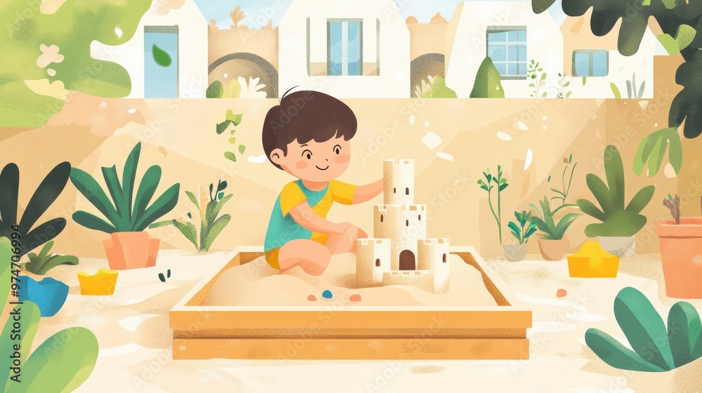Obraz premium Boy Building a Sandcastle in a Backyard