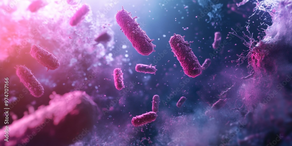 Pink bacteria floating in purple mist. Pink bacteria floating in purple mist.