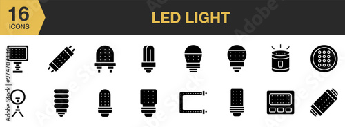 LED Light solid icon set. Includes led light icons and More. Solid icons vector collection.