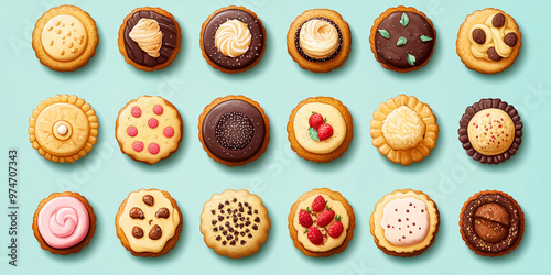 A set of cookies with themed designs placed in neat rows on a flat surface, sweets illustration art