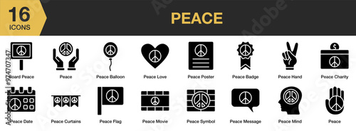 Peace solid icon set. Includes love, message, mind, movie, poster, symbol, peace, and More. Solid icons vector collection.