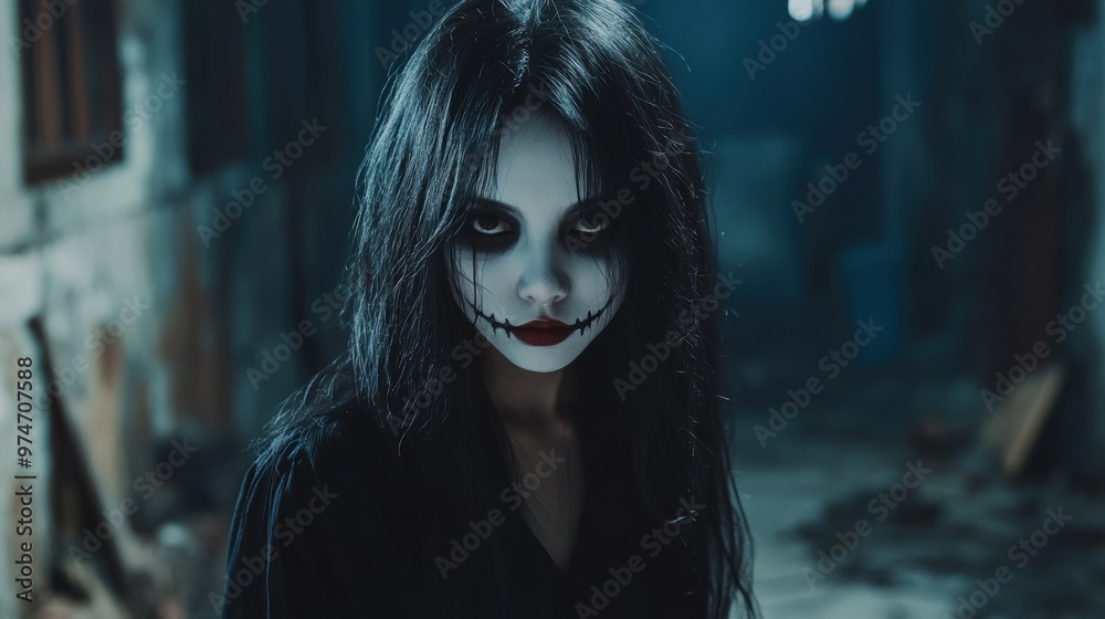 A haunting figure stands in a dark, abandoned corridor at night