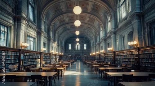 A grand library interior with tall ceilings, bookshelves, and tables for reading or studying.