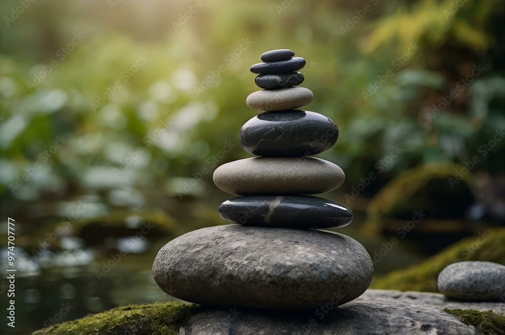 A cinematic close-up of perfectly balanced zen stones with a flowing river in the background, symbolizing harmony, stability, and inner peace. - Meditation, Mind Relaxation
A cinematic close-up of perfectly balanced zen stones with a flowing river in the background, symbolizing harmony, stability, and inner peace. - Meditation, Mind Relaxation