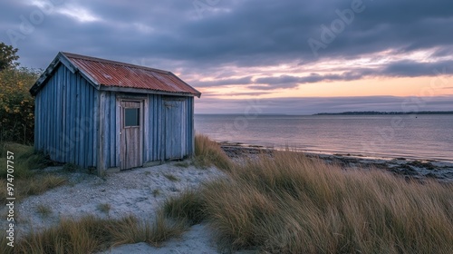 A rustic blue shed by the water at sunset, surrounded by tall grasses. photo