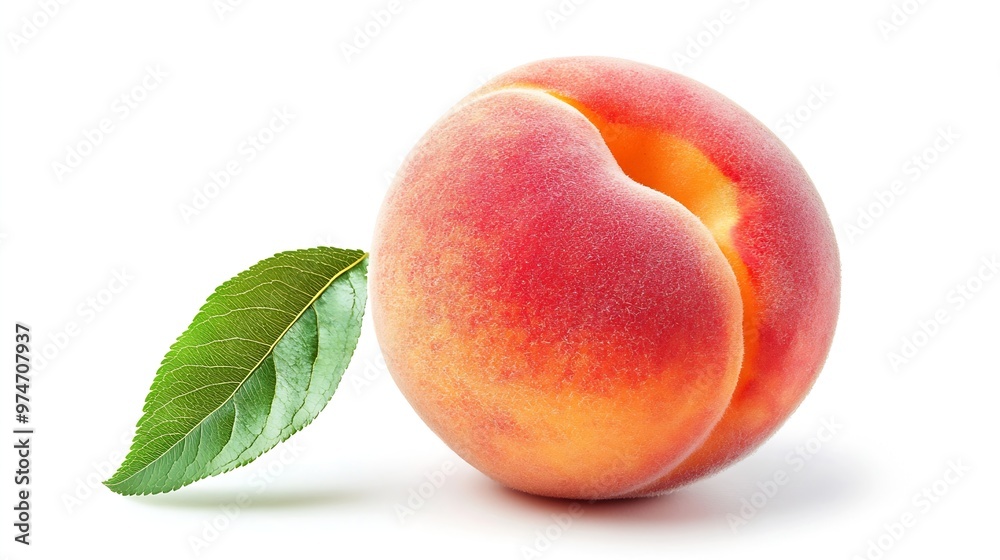 Ripe peach fruit with leaf isolated on white background Clipping Path Full depth of field : Generative AI Ripe peach fruit with leaf isolated on white background Clipping Path Full depth of field : Generative AI