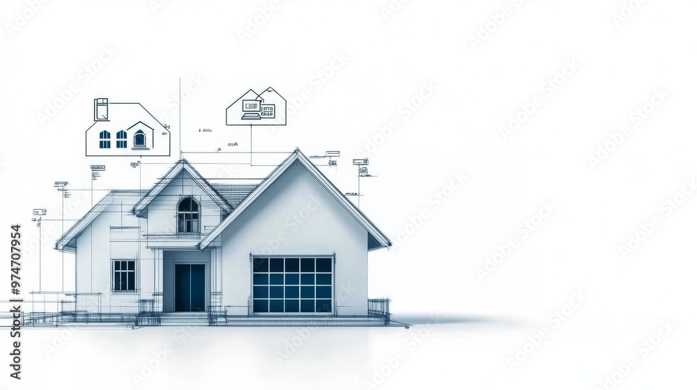 Modern Residential Home Design Plan with Floating Real Estate Icons for Digital Marketing Agency Website Modern Residential Home Design Plan with Floating Real Estate Icons for Digital Marketing Agency Website