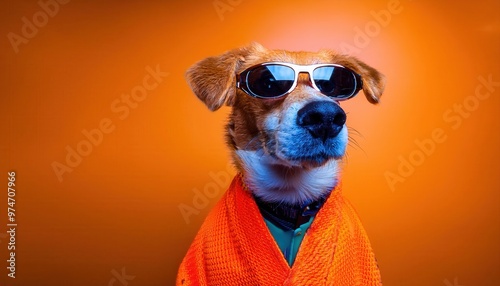 Trendy Dog Wearing Bold Orange Sunglasses and Matching Jacket Strikes a Cool Pose Against Vibrant Orange Backdrop, Emanating Confidence and Fashion Forward Attitude photo