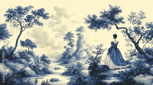 Whimsical Rococo Maiden in Dreamy Toile de Jouy Landscape