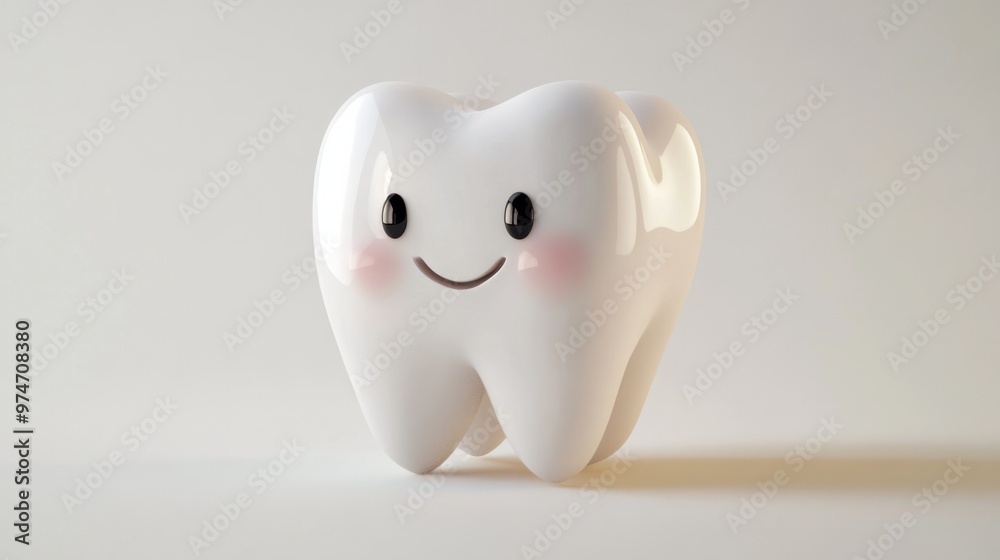 A 3D baby tooth with a cute, innocent smile, standing alone on a white background A 3D baby tooth with a cute, innocent smile, standing alone on a white background