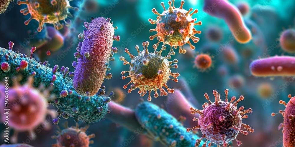 Naklejka premium Microscopic view of viruses and bacteria.