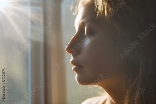 Warm sunlight filters through a window as a woman with closed eyes absorbs the peaceful energy, experiencing relaxation and inner calm. - Meditation, Mind Relaxation