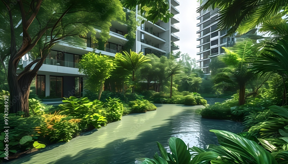 Image showcasing Modern luxury condominiums harmonizing with lush greenery in a serene ...