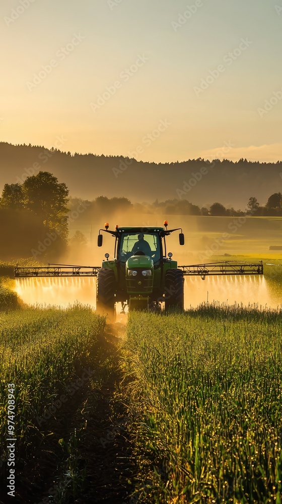 Fototapeta premium Golden Hour Irrigation: A green tractor diligently waters crops, creating a mesmerizing mist against the backdrop of a vibrant sunset.