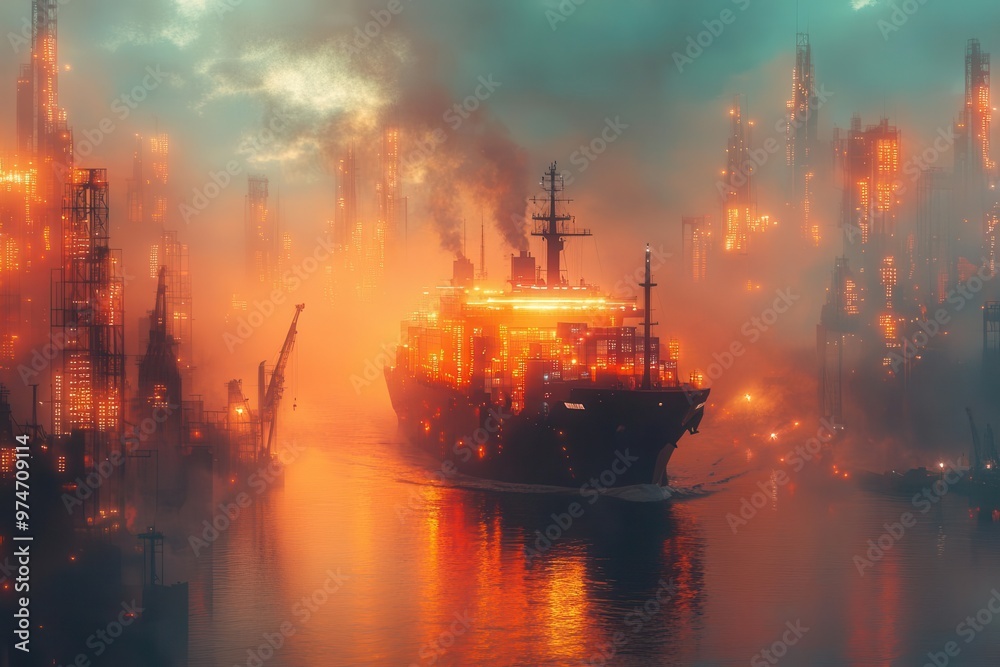 majestic container ship illuminated at twilight navigating through a bustling port with futuristic automated cranes and glowing data visualizations overlaid majestic container ship illuminated at twilight navigating through a bustling port with futuristic automated cranes and glowing data visualizations overlaid