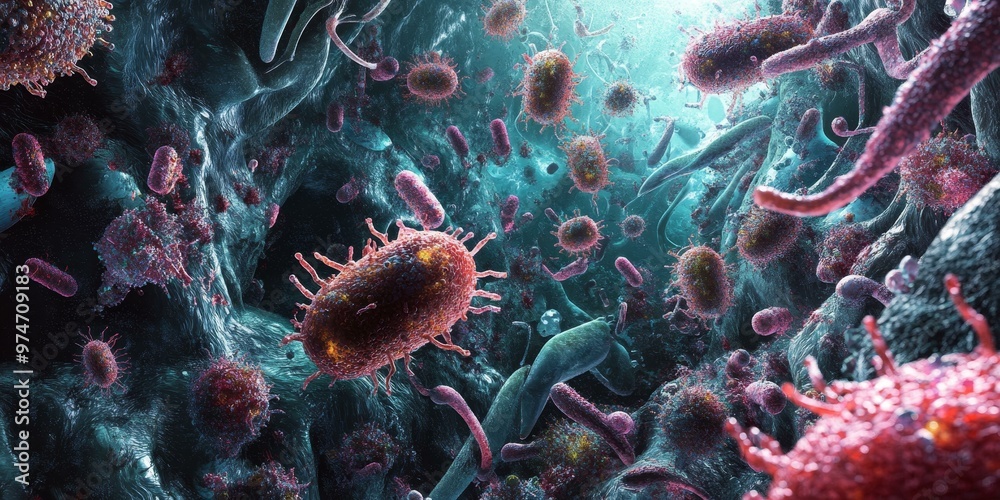 Obraz premium Microscopic view of various bacteria and viruses.