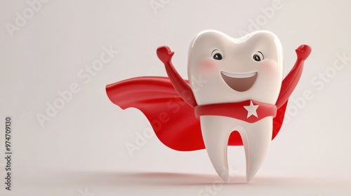 A 3D cute tooth character dressed as a superhero, isolated on a white background