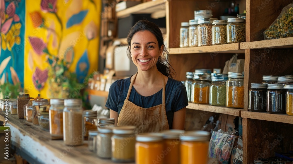 Fototapeta premium woman is smiling behind the counter on the side of her organic shop